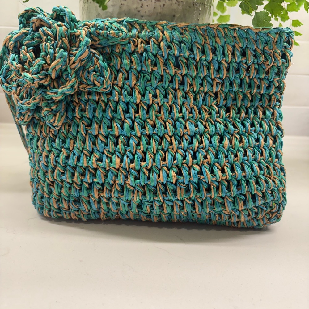 Cappelli Straworld Turquoise and Tan Woven Clutch
